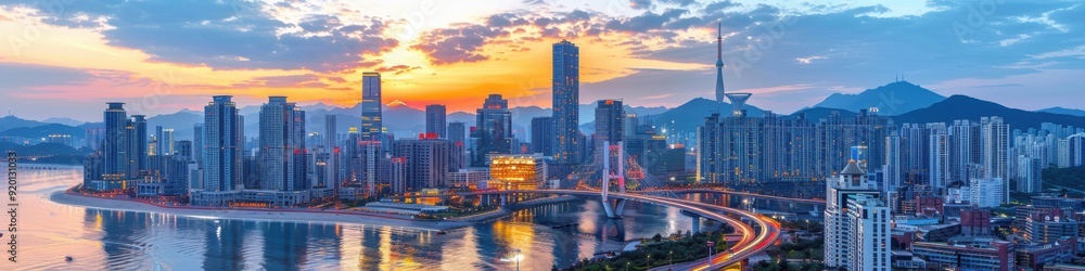 Fototapeta premium Stunning Panoramic View of Modern Coastal Cityscape at Sunset with Skyscrapers, Scenic Waterfront, and Vibrant Reflections on Water