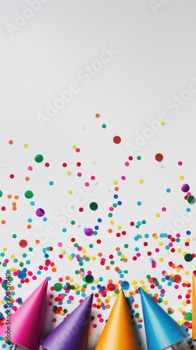 Colorful party hats and confetti on a white background.