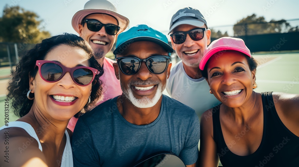 Group of multiracial friends enjoying pickleball and posing for the camera Group of multiracial friends enjoying pickleball and posing for the camera