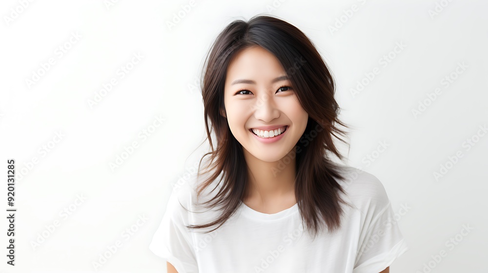 Happy Asian woman with glasses smiling against white background Happy Asian woman with glasses smiling against white background