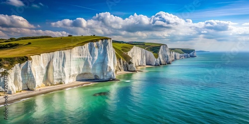 Dramatic white chalk cliffs of Dover rise sharply from the turquoise English Channel, showcasing natural majesty and timeless national significance in serene coastal landscape.