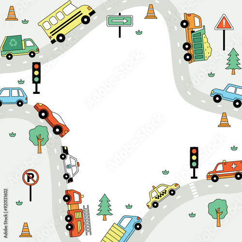 Transportation vehicle drawing doodle children vector busy city flat set collection cars, trucks, firetruck, taxi, ambulance, airplane, dump truck, jeep
