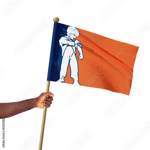 Outstretched Black african Hand holding Orania national flag isolated over transparent background, protest, waving, fist, freedom, Oranian, Afrikaner, South Africa, Afrikaans
 photo