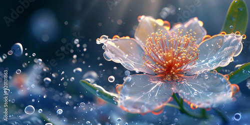 Delicate Flower with Dew in Morning Light, Crystal-Clear Petals with Water Droplets