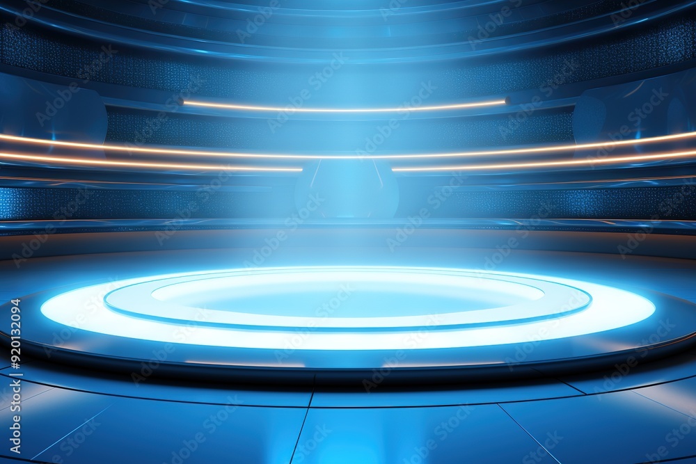 Futuristic blue platform with glowing lights, perfect for product display. Futuristic blue platform with glowing lights, perfect for product display.