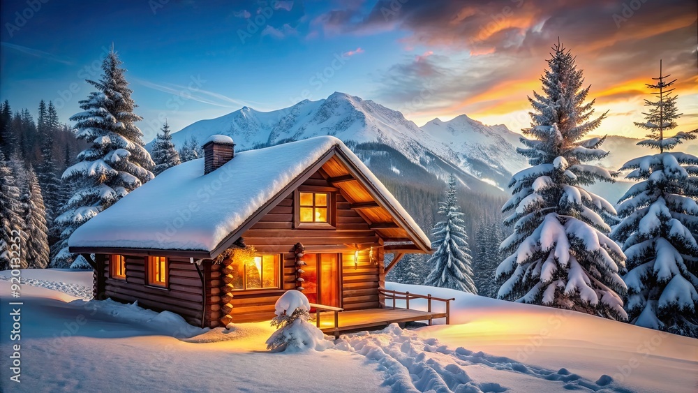 Cozy holiday cabin in the mountains surrounded by snowy trees, cabin, holiday, mountains, snow, winter, cozy, retreat, secluded Cozy holiday cabin in the mountains surrounded by snowy trees, cabin, holiday, mountains, snow, winter, cozy, retreat, secluded