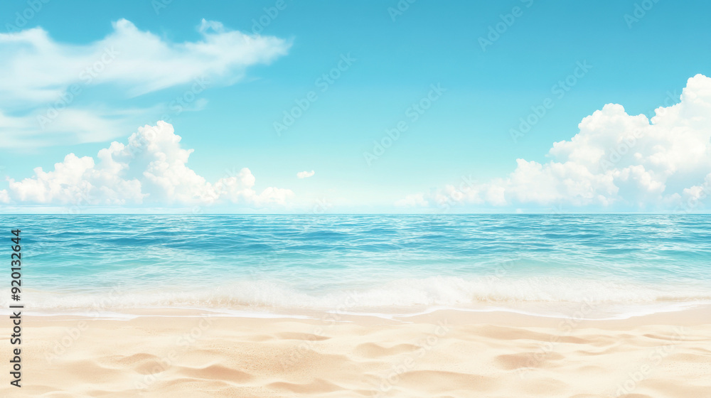 Tropical Summer Seascape: Tranquil Beach with Azure Waters and Gentle Waves Under a Cloud-Speckled Sky Tropical Summer Seascape: Tranquil Beach with Azure Waters and Gentle Waves Under a Cloud-Speckled Sky
