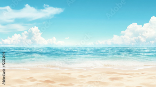 Tropical Summer Seascape: Tranquil Beach with Azure Waters and Gentle Waves Under a Cloud-Speckled Sky