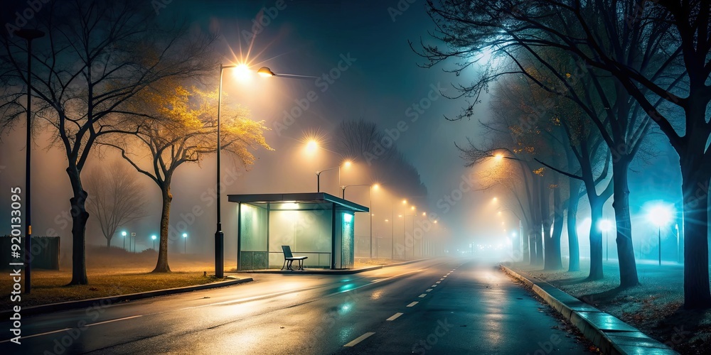 Foggy night on a deserted street with glowing street lights, mist ...