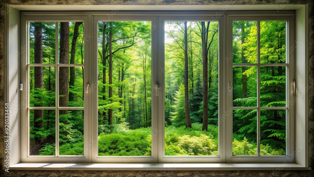 View of lush green forest through a window, nature, trees, outdoors, scenery, peaceful, tranquil, landscape, countryside View of lush green forest through a window, nature, trees, outdoors, scenery, peaceful, tranquil, landscape, countryside