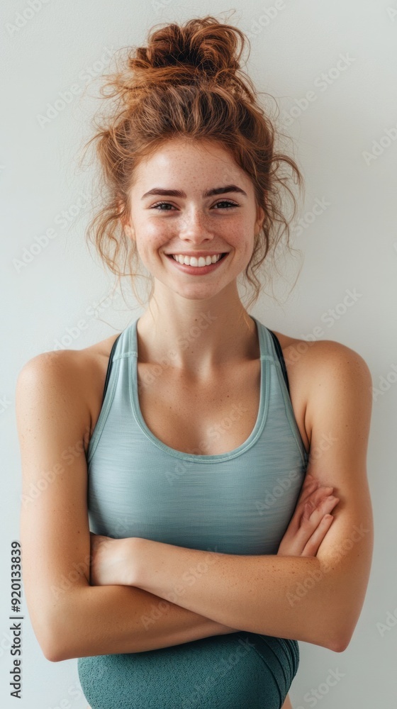 on white background Woman smiling in front of white wall with mat and water bottle stock photo on white background Woman smiling in front of white wall with mat and water bottle stock photo