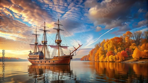 Old-fashioned wooden ship sailing on the ocean during autumn , historical, colonial, voyage, pilgrims, autumn, sea