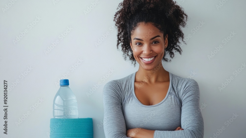 on white background Woman smiling in front of white wall with mat and water bottle stock photo on white background Woman smiling in front of white wall with mat and water bottle stock photo