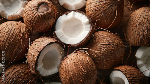 A pile of sliced coconut. Half coconut wallpaper. Fresh half coconut. Coconut background. Close-up slice coconut.