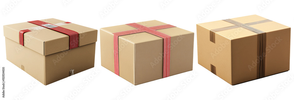 Fototapeta premium Cardboard boxes with red ribbon isolated on transparent background