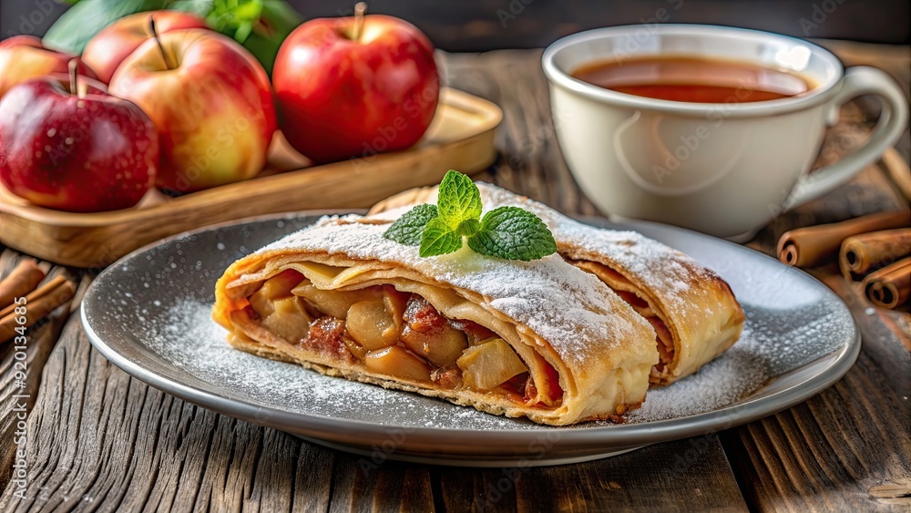 Delicious apple and cinnamon strudel on a plate with sweet sauce , dessert, pastry, baked, delicious, food, sweet, treat Delicious apple and cinnamon strudel on a plate with sweet sauce , dessert, pastry, baked, delicious, food, sweet, treat