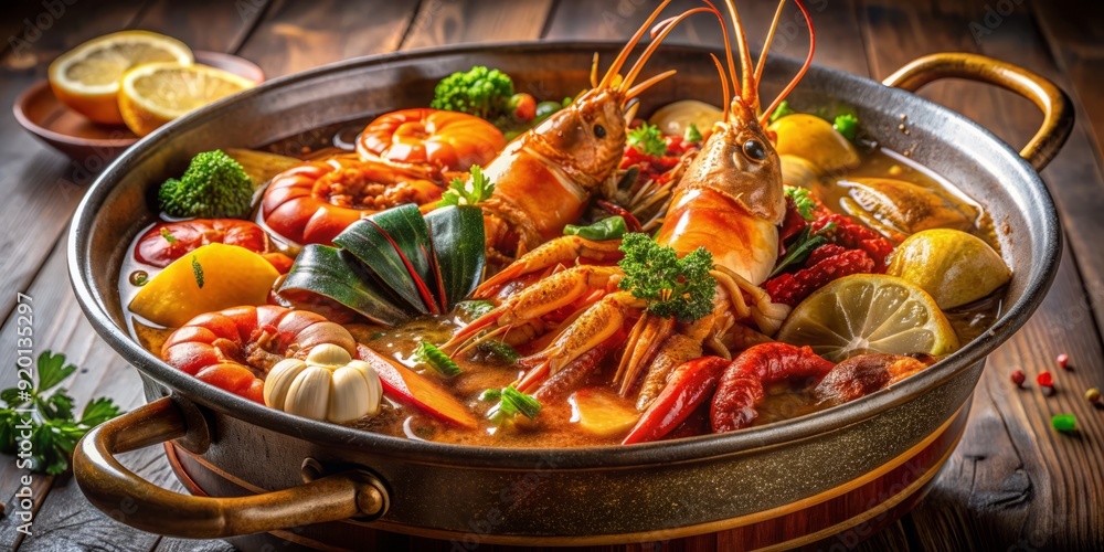 Rich seafood stew with lobster, fish, shrimp, and sashimi in a pot, captured in stunning realistic detail with low-angle, golden hour lighting, and dramatic highlights. Rich seafood stew with lobster, fish, shrimp, and sashimi in a pot, captured in stunning realistic detail with low-angle, golden hour lighting, and dramatic highlights.