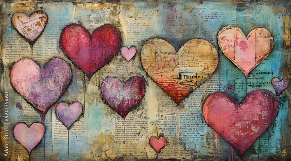 Mixed Media Artwork Featuring Five Heart-Shaped Balloons Mixed Media Artwork Featuring Five Heart-Shaped Balloons