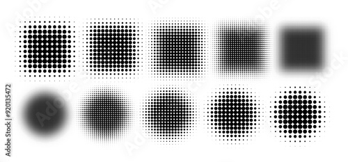Circle halftone. Abstract dotted circles, round halftones geometric dots gradient and pop art texture. Dot spray gradation vector set. Illustration halftone gradient spotted, effect round