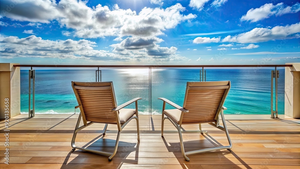 Two chairs on a balcony overlooking the ocean, seaside, relaxation, vacation, balcony, chairs, ocean view, peaceful, serene, tranquil Two chairs on a balcony overlooking the ocean, seaside, relaxation, vacation, balcony, chairs, ocean view, peaceful, serene, tranquil