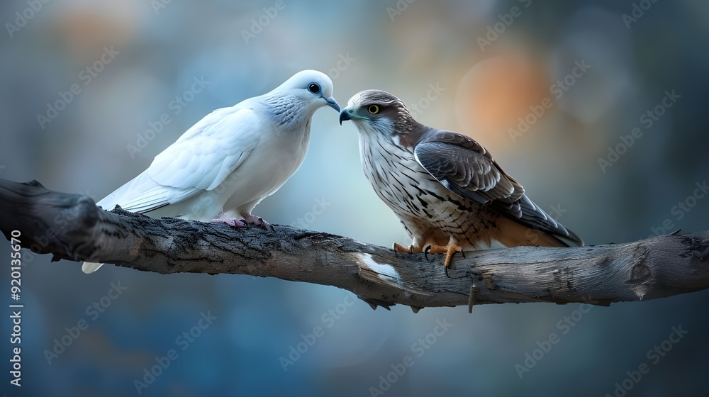 A detailed photograph of a dove and a hawk together on a weathered branch, their feathers gently rustling in the breeze, embodying Human Rights and equality. A detailed photograph of a dove and a hawk together on a weathered branch, their feathers gently rustling in the breeze, embodying Human Rights and equality.