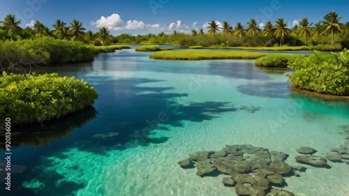 Hidden lagoons animation. Capture the serene beauty with clear waters, lush surroundings, and a peaceful atmosphere. Experience the charm of hidden lagoons in motion. photo