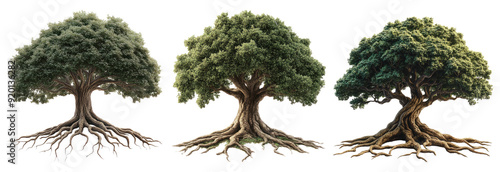 Majestic tree set isolated on transparent background with strong roots and lush foliage nature and growth