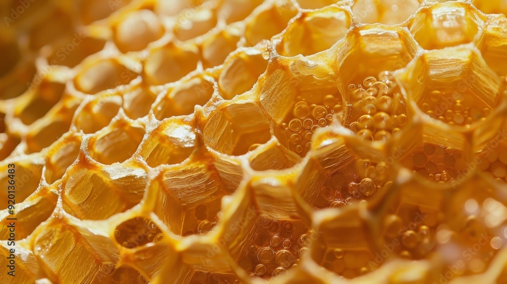 A macro shot of a beehive showcasing the intricate network of honeycomb cells constructed by the industrious bees. A macro shot of a beehive showcasing the intricate network of honeycomb cells constructed by the industrious bees.