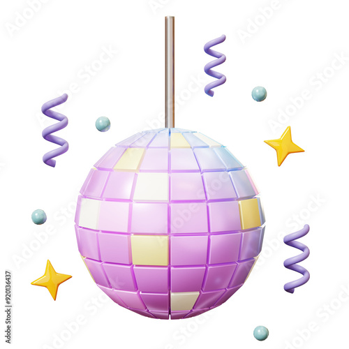 colorful disco ball with confetti and shining stars, sparkle. Cute cartoon 3D wedding, wedding invitation, marrying, ceremony, romantic concept. Groom and bride.