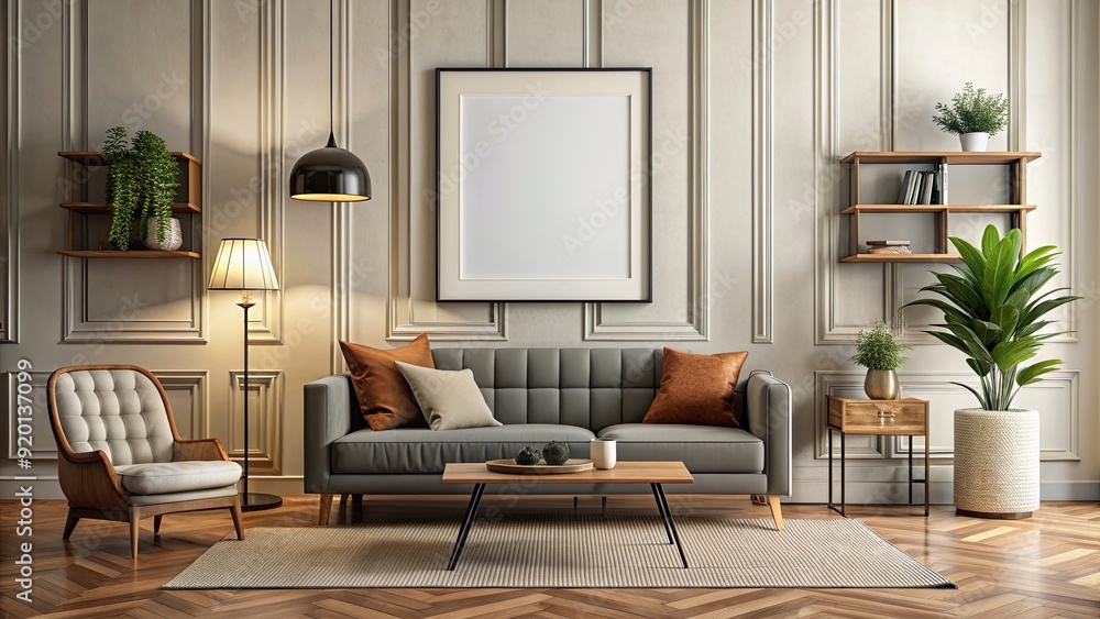 Retro-inspired living room interior with mockup frame in black rendering, timeless, elegance, retro, living room Retro-inspired living room interior with mockup frame in black rendering, timeless, elegance, retro, living room
