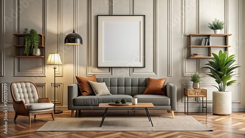 Wallpaper Mural Retro-inspired living room interior with mockup frame in black  rendering, timeless, elegance, retro, living room Torontodigital.ca