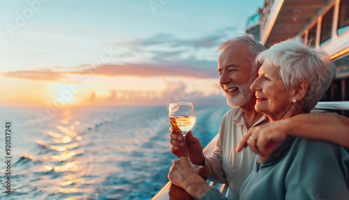 Happy senior romantic couple celebrate onboard of luxury cruise ship with glass of wine at sunset.