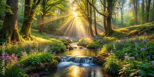 A surreal, magical woodland clearing, speckled with sunbeams that penetrate the leafy canopy, accompanied by a chattering stream that winds through the foliage and a burst of vibrant wildflowers