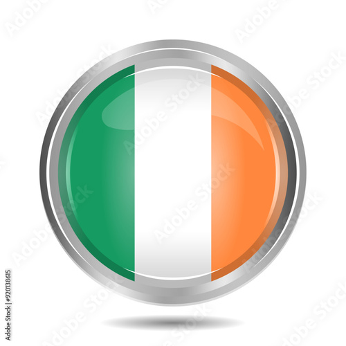 Free Download Ireland flag with 3D shiny chrome metallic silver frame in round or circle button shape. Editable and scalable vector graphic illustration isolated on white background eps file. - GFXLoad