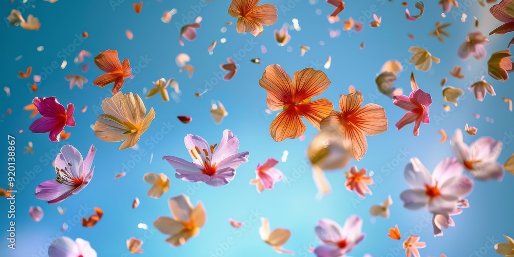 A colorful array of stunning flowers rests beneath a bright blue sky, evoking beauty and tranquility A colorful array of stunning flowers rests beneath a bright blue sky, evoking beauty and tranquility