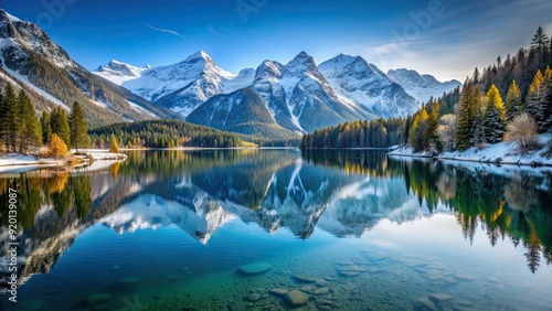 Fototapeta Naklejka Na Ścianę i Meble -  Serene lake surrounded by snowy mountains, lake, mountains, snow, tranquil, wilderness, nature, scenic, landscape, alpine