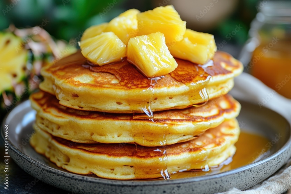 Stack of Pancakes with Pineapple Chunks and Maple Syrup Stack of Pancakes with Pineapple Chunks and Maple Syrup