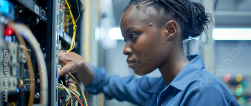 A focused individual working on electronic equipment in a technical environment.