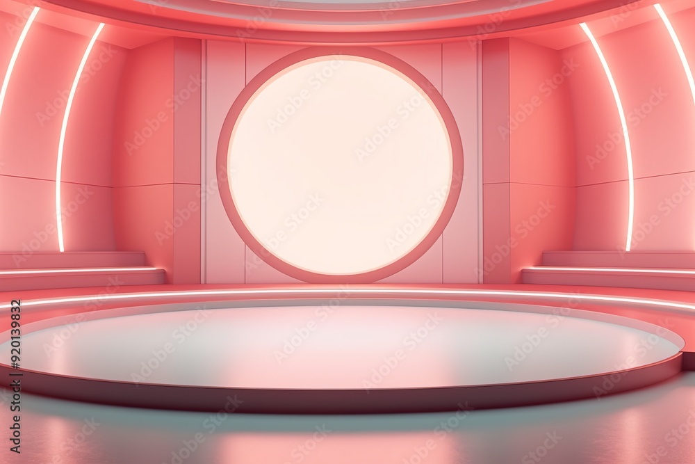 Pink futuristic room with a round platform and a bright oval window. Pink futuristic room with a round platform and a bright oval window.