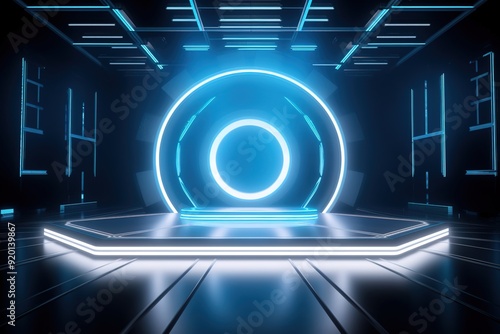 Fototapeta Naklejka Na Ścianę i Meble -  Futuristic blue neon light platform with glowing circle and empty space for product display.