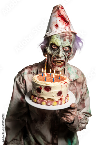 Funny zombie portrait holding birthday cake and looking at camera photo