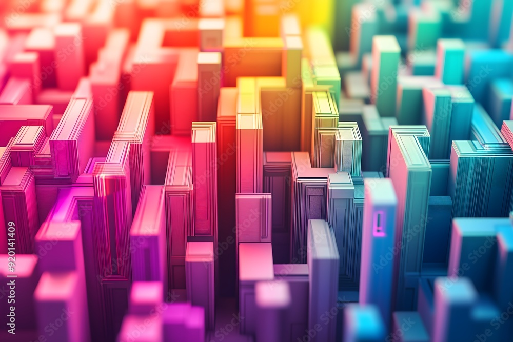 A 3D render of an abstract cityscape composed of multicolored blocks in a vibrant gradient. Modern and dynamic design Generative AI A 3D render of an abstract cityscape composed of multicolored blocks in a vibrant gradient. Modern and dynamic design Generative AI