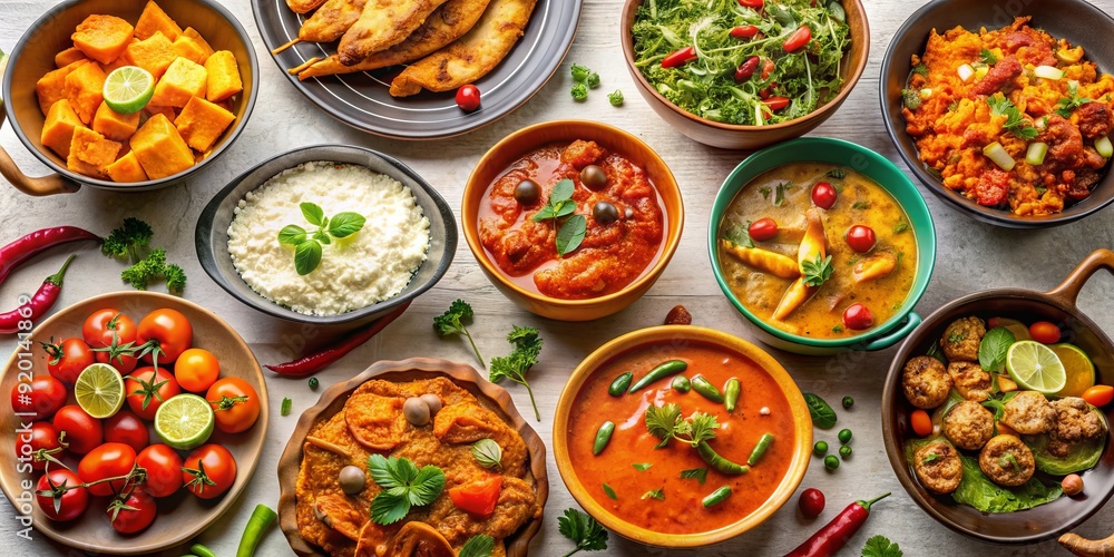 Vibrant still life of assorted mouthwatering dishes on a crisp white background, featuring bold orange accents, captured in stunning 12k high-quality realism. Vibrant still life of assorted mouthwatering dishes on a crisp white background, featuring bold orange accents, captured in stunning 12k high-quality realism.