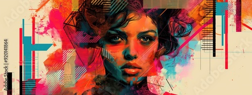 A vibrant and abstract artwork featuring a female portrait with intense gaze, surrounded by colorful geometric patterns and expressive brushstrokes