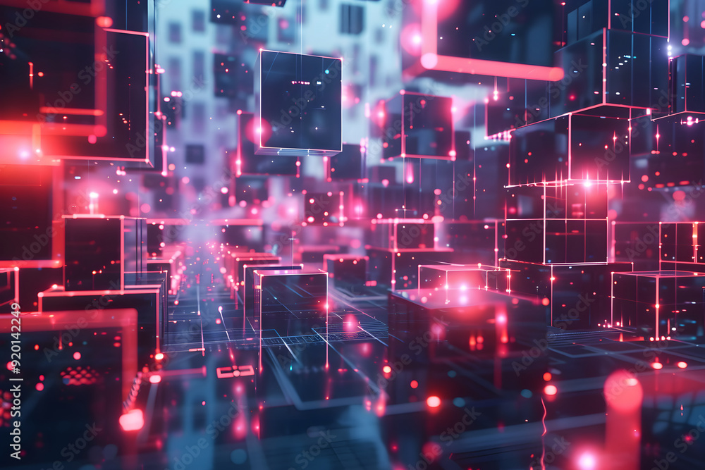 abstract geometric red and blue neon background. many futuristic cubes in space. 3D illustration abstract geometric red and blue neon background. many futuristic cubes in space. 3D illustration