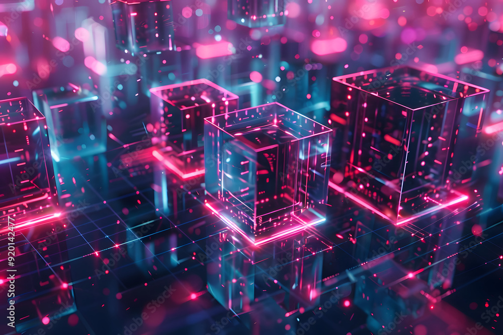 abstract geometric pink and blue neon background. many futuristic cubes in space. 3D illustration abstract geometric pink and blue neon background. many futuristic cubes in space. 3D illustration