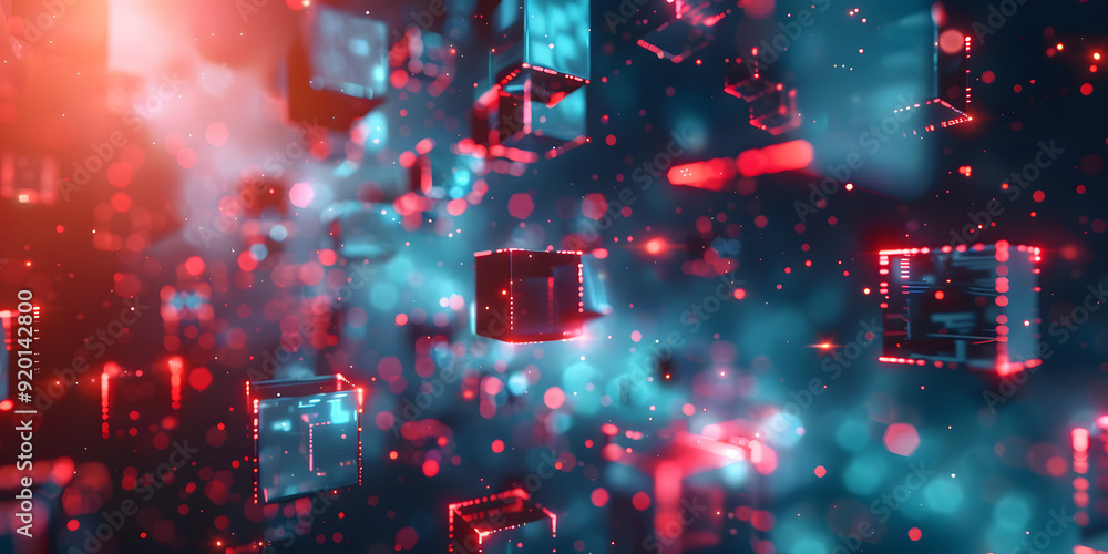 Fototapeta premium abstract geometric red and blue neon background. many futuristic cubes in space. 3D illustration