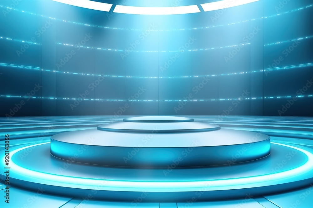 Obraz premium Futuristic blue platform with neon lights.