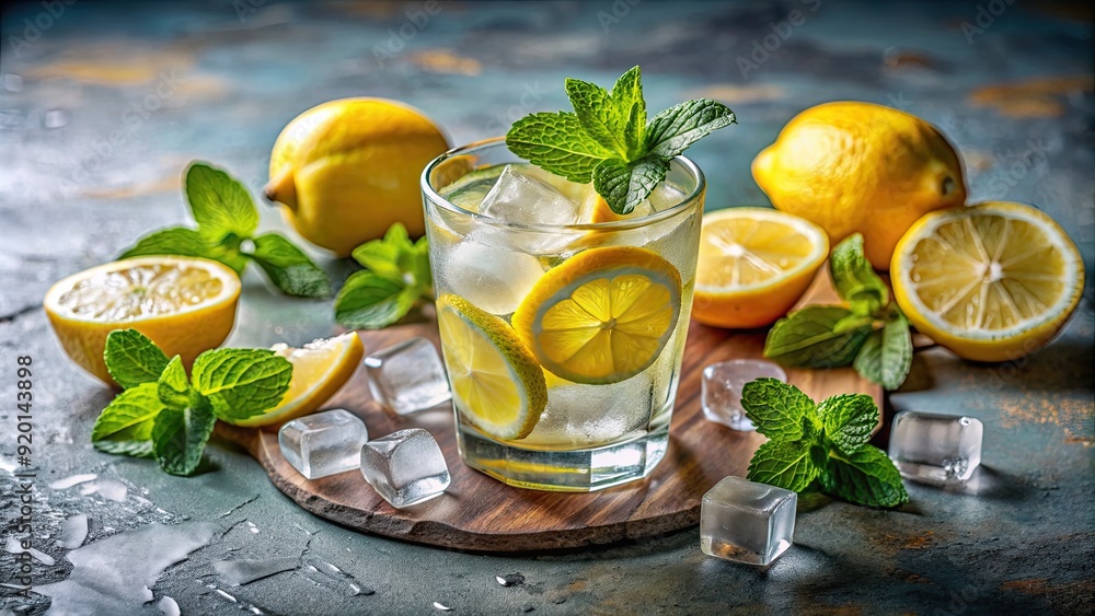 Fototapeta premium Refreshing summer drink with ice cubes surrounded by slices of lemon and mint leaves, summer, cold, beverage, refreshing, glass