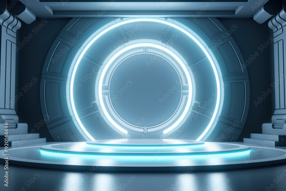 Obraz premium Futuristic stage with neon light and circular platform.